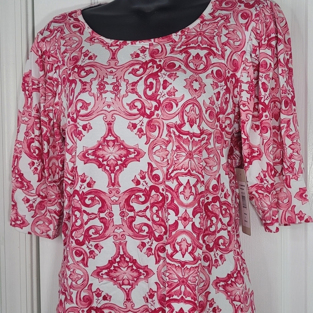 Sunny Leigh Women's Pink Patterned Top Puff Sleeves - Picture 5 of 11